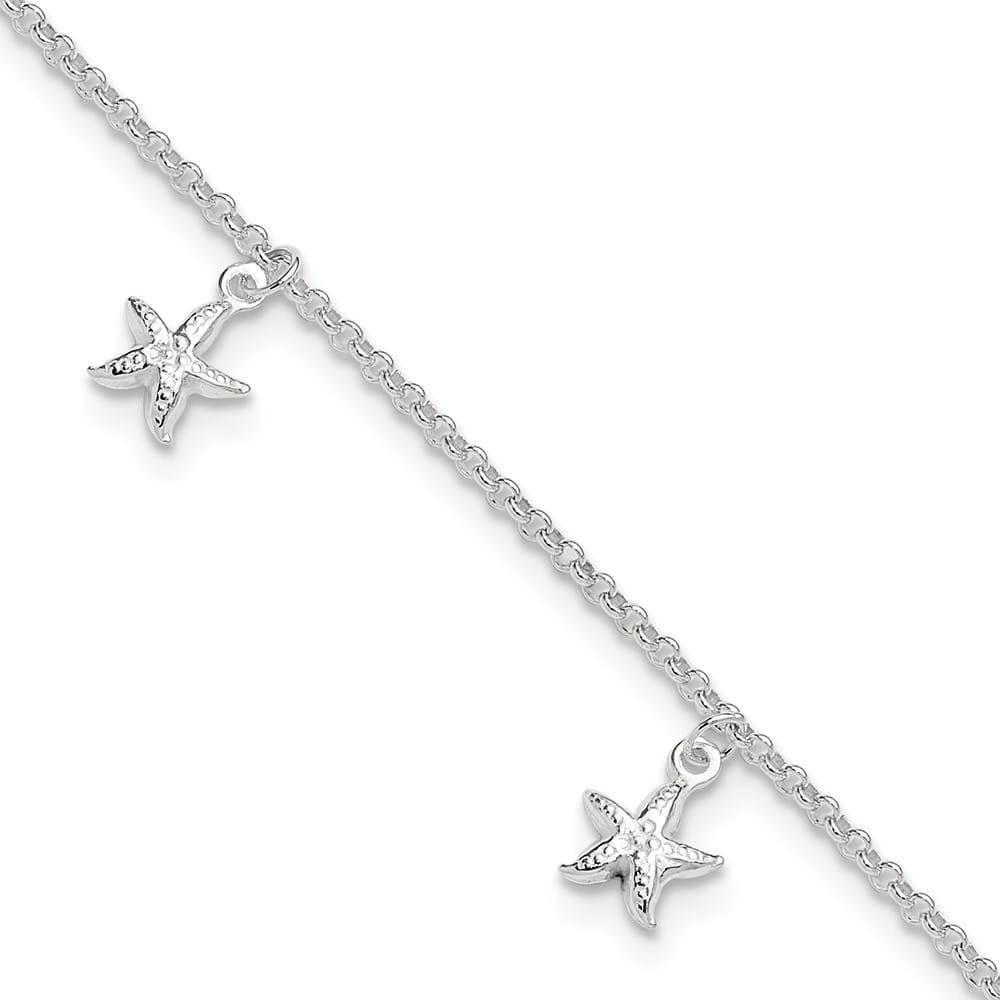 Sterling Silver Starfish Dangles Anklet — .925 sterling silver, 10 inches long, 1 inch extension, 1.5 mm wide, lobster clasp, 3.14 g