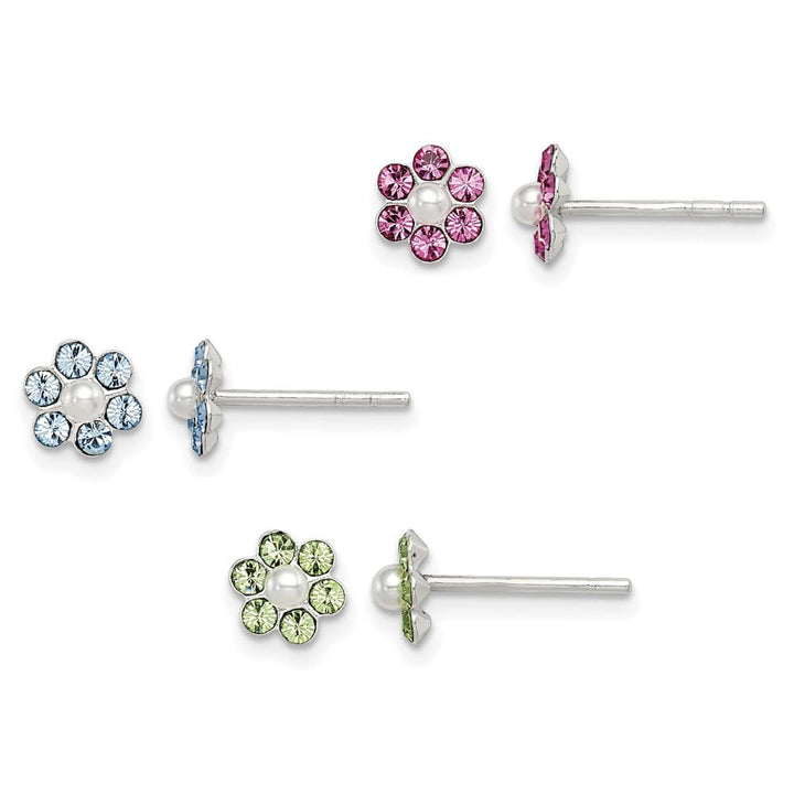 Sterling Silver Stellux Crystal & Imitation Pearl Flower Post Earring