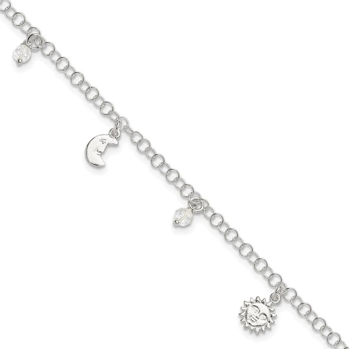 Sterling Silver Sun/Moon/Star/Crystal Anklet — .925 sterling silver, 10 inches long, 1 inch extension, 4 mm wide, lobster clasp, 3.19 g