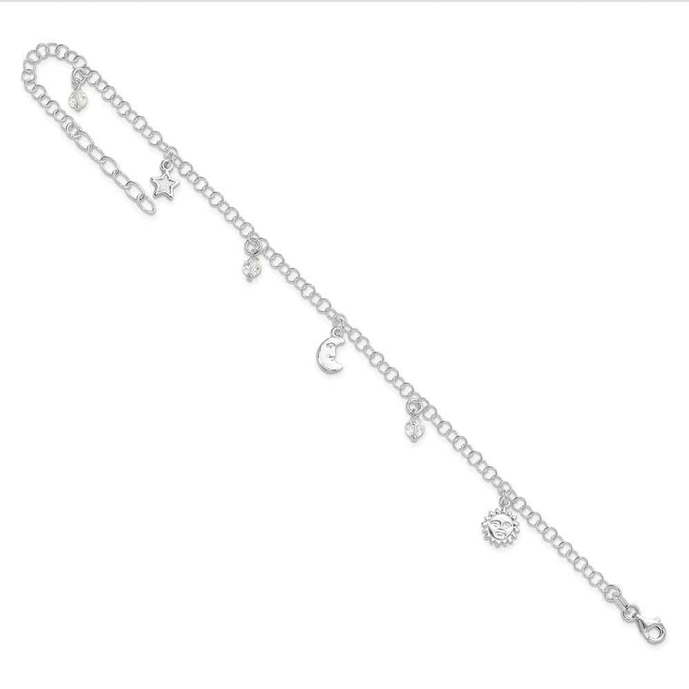 Sterling Silver Sun/Moon/Star/Crystal Anklet