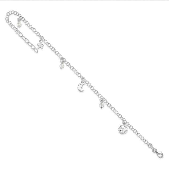 Sterling Silver Sun/Moon/Star/Crystal Anklet