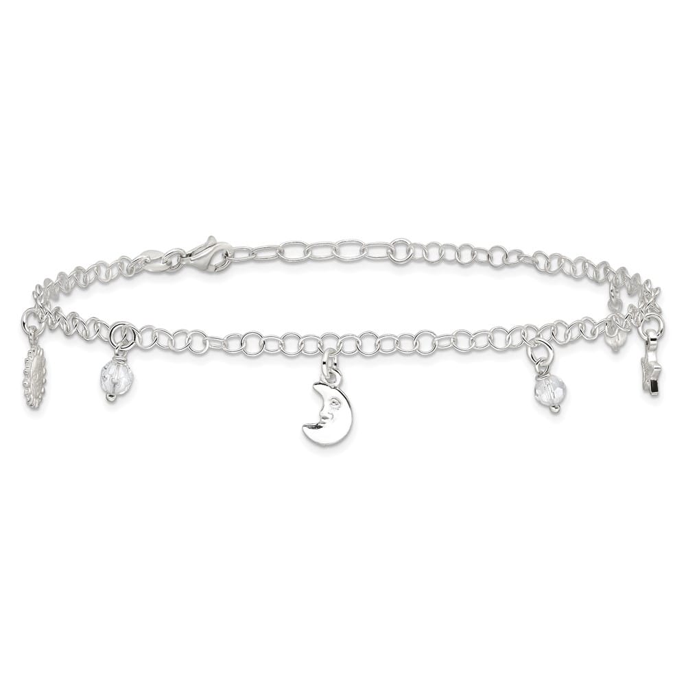 Sterling Silver Sun/Moon/Star/Crystal Anklet