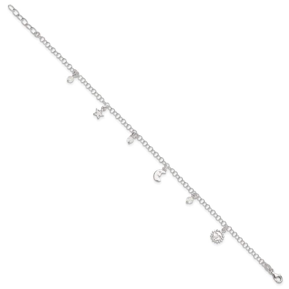 Sterling Silver Sun/Moon/Star/Crystal Anklet