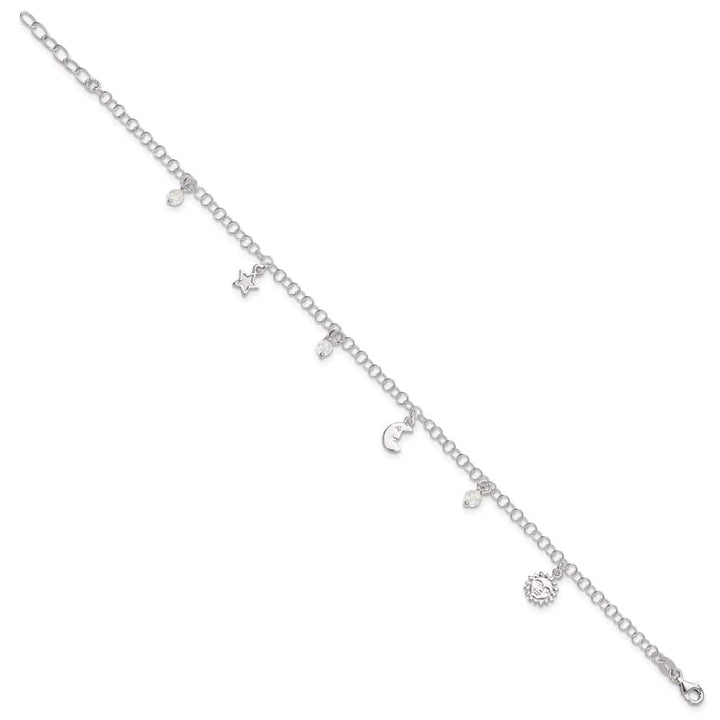 Sterling Silver Sun/Moon/Star/Crystal Anklet