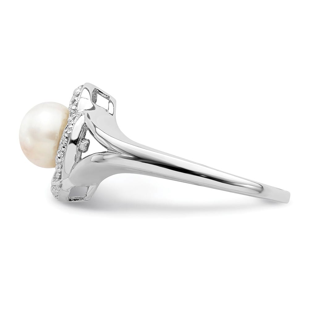 Sterling Silver Swirl Diamond and Cultured Pearl 6.0-6.5 mm Ring