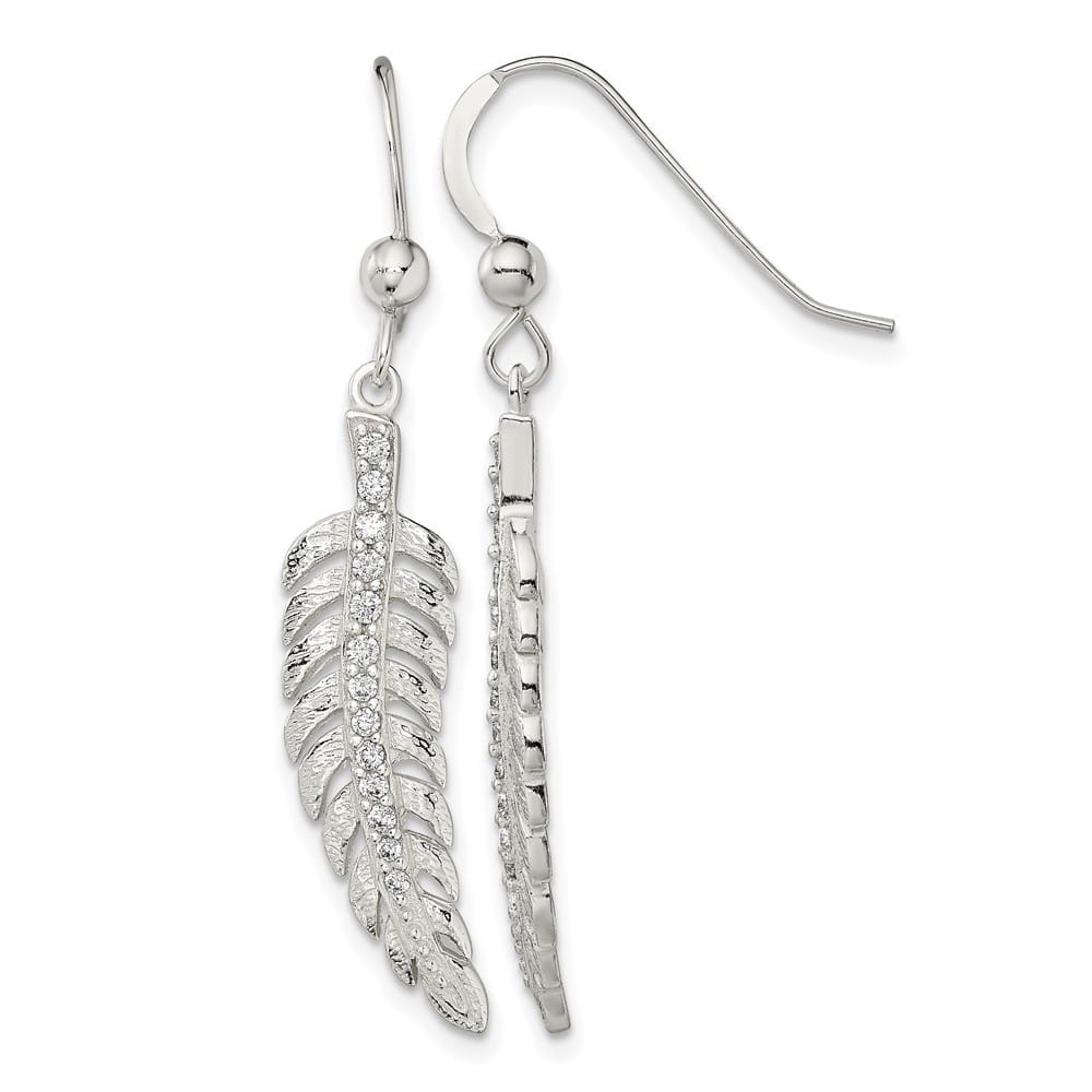 Sterling Silver Textured CZ Feather Shepherd Hook Earrings, view 1 of 4