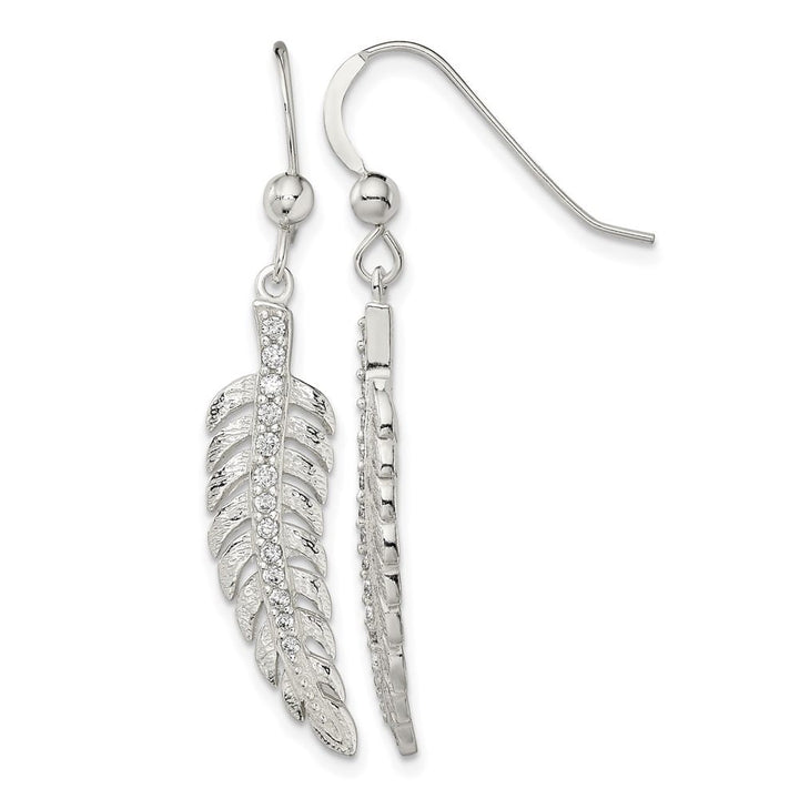 Sterling Silver Textured CZ Feather Shepherd Hook Earrings, view 1 of 4