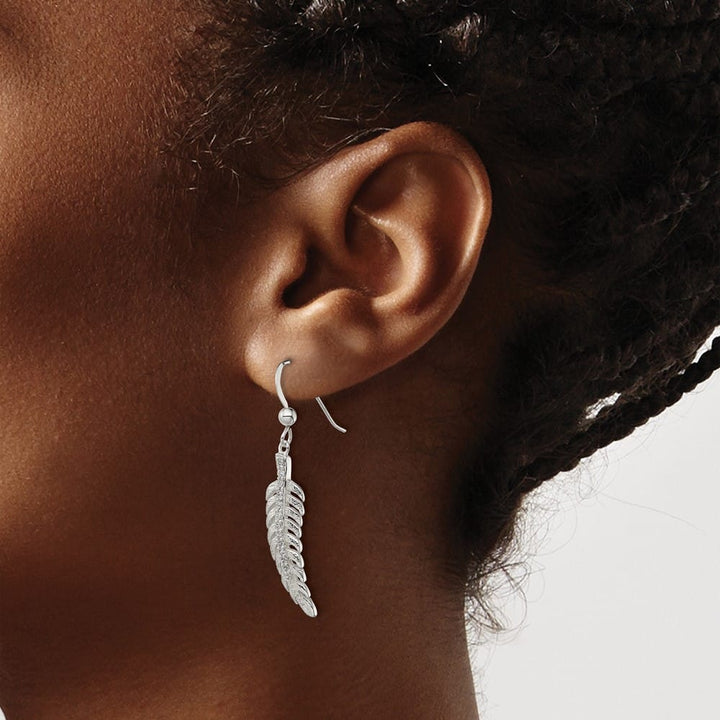Sterling Silver Textured CZ Feather Shepherd Hook Earrings, view 3 of 4