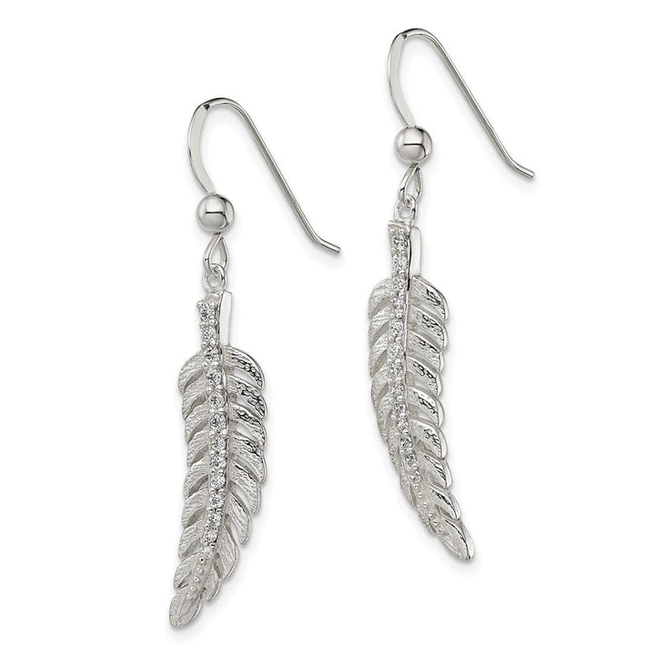 Sterling Silver Textured CZ Feather Shepherd Hook Earrings, view 2 of 4