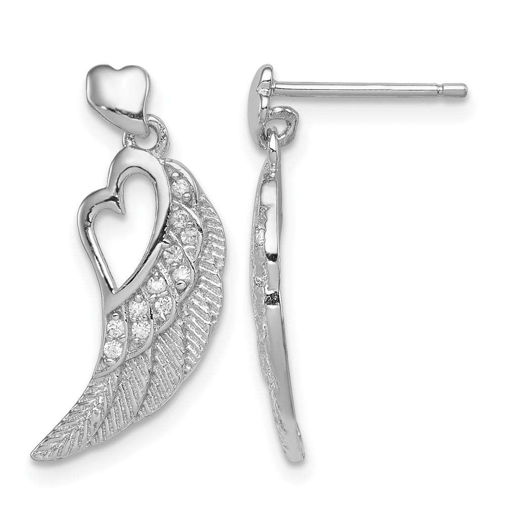 Sterling Silver Textured CZ Open Heart Wings Post Dangle Earrings, view 1 of 4