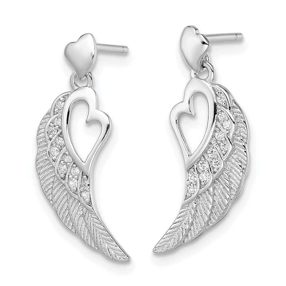 Sterling Silver Textured CZ Open Heart Wings Post Dangle Earrings, view 2 of 4