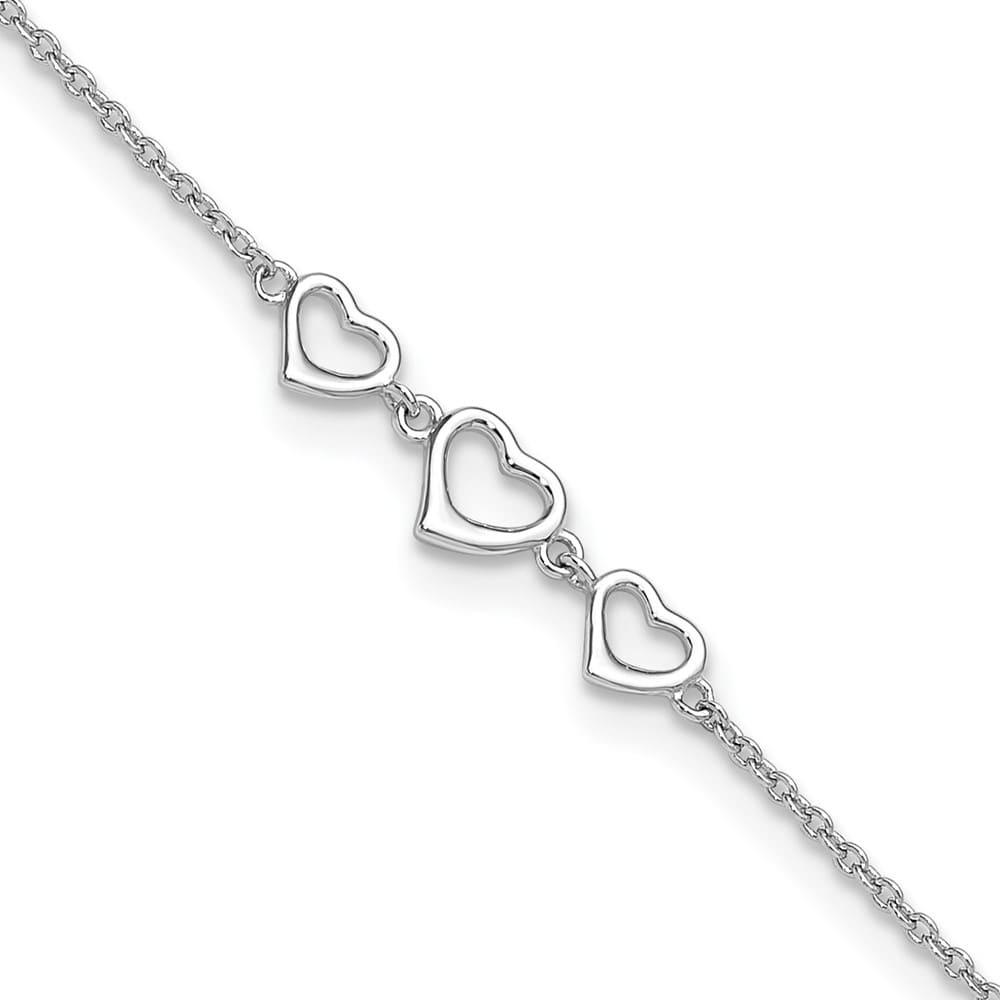Sterling Silver Three Hearts Anklet — .925 sterling silver, 11 inches long, 1 inch extension, 7 mm wide, spring ring clasp, 1.96 g