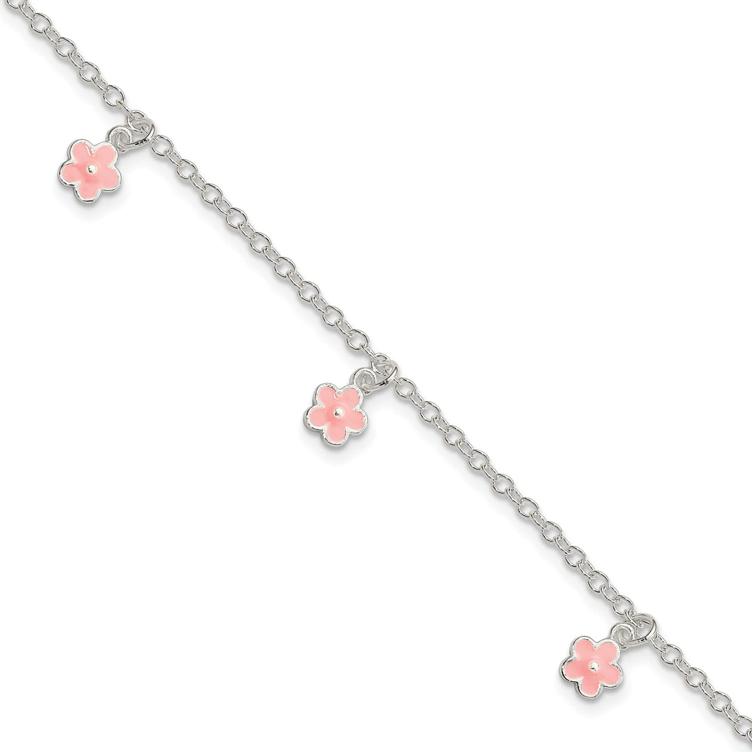 Sterling Silver Three Pink Enamel Dangle Flowers 5.5 inch Bracelet