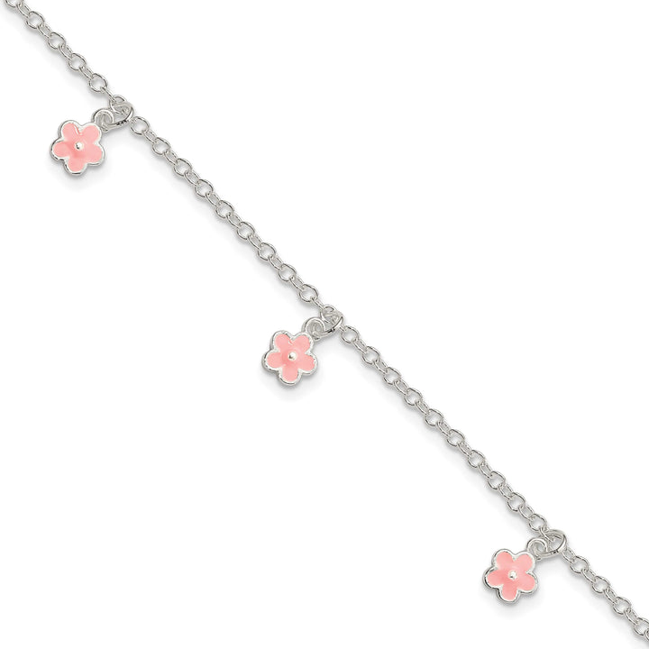 Sterling Silver Three Pink Enamel Dangle Flowers 5.5 inch Bracelet