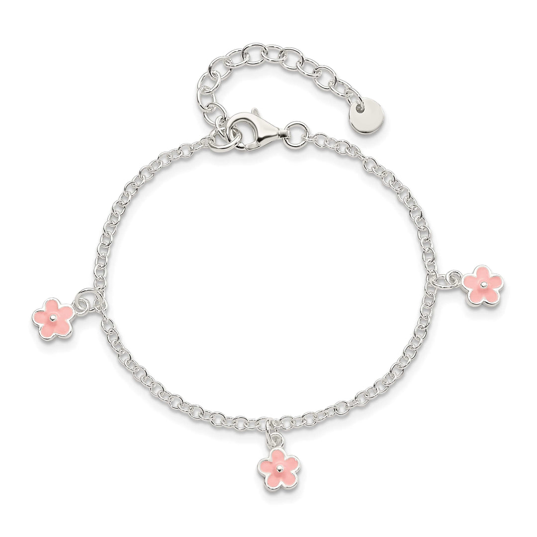 Sterling Silver Three Pink Enamel Dangle Flowers 5.5 inch Bracelet