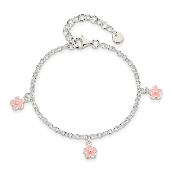 Sterling Silver Three Pink Enamel Dangle Flowers 5.5 inch Bracelet
