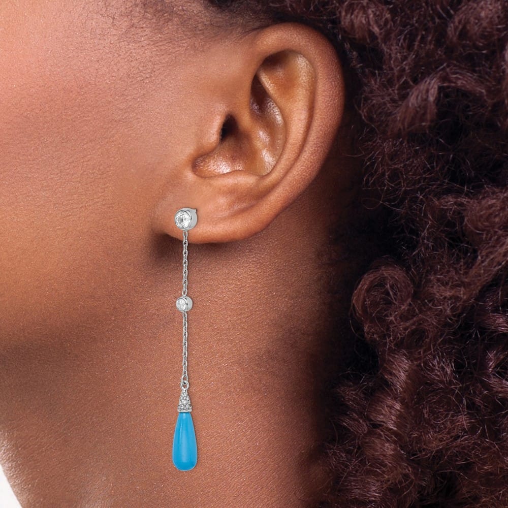 Sterling Silver Turquoise and CZ Post Dangle Earrings, view 3 of 4