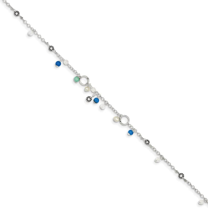 Sterling Silver Turquoise/Clear Bead/Freshwater Cultured Pearl Anklet