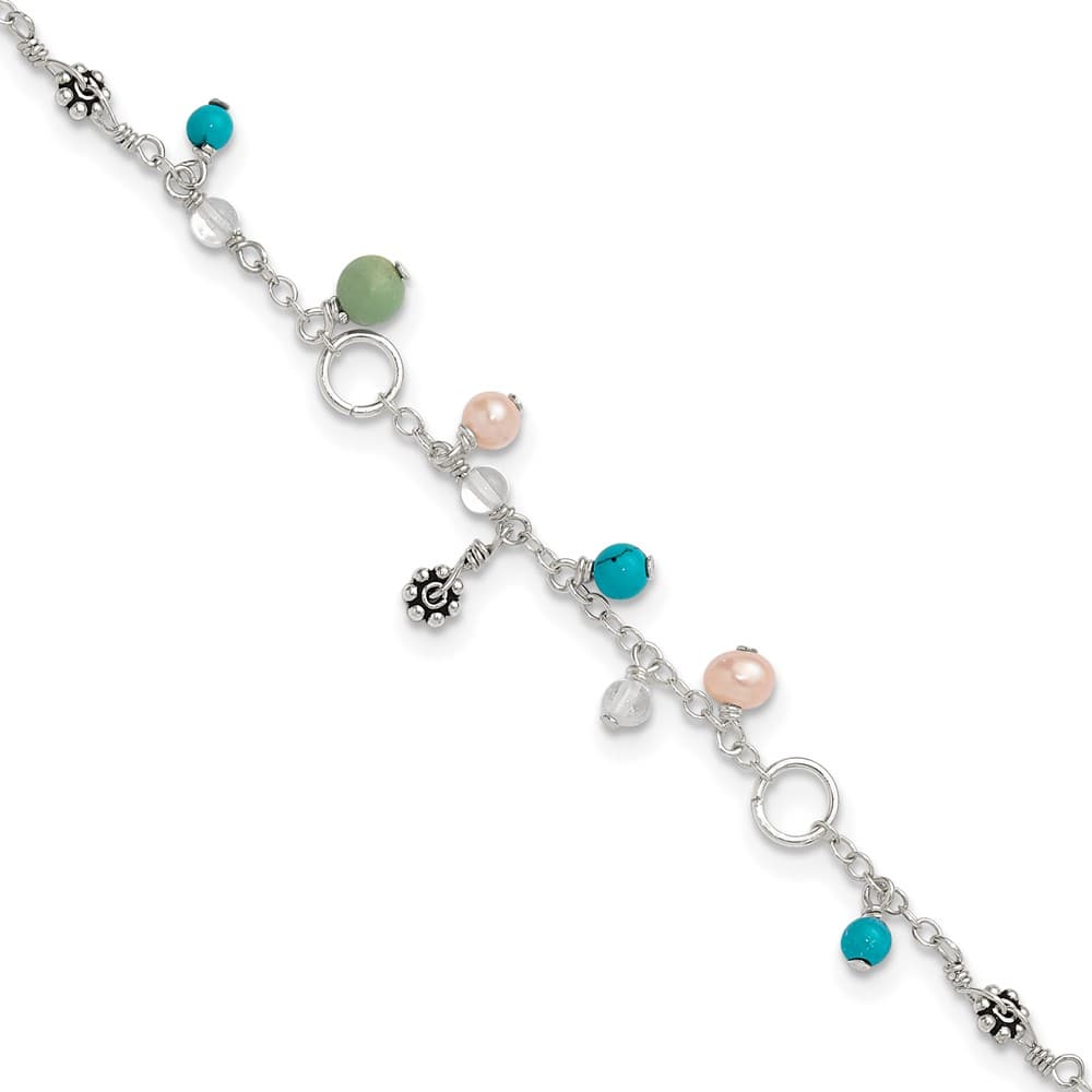 Sterling Silver Turquoise/Clear Bead/Freshwater Cultured Pearl Anklet — .925 sterling silver, 9 inches long, 1 mm wide, spring ring clasp, 2.98 g