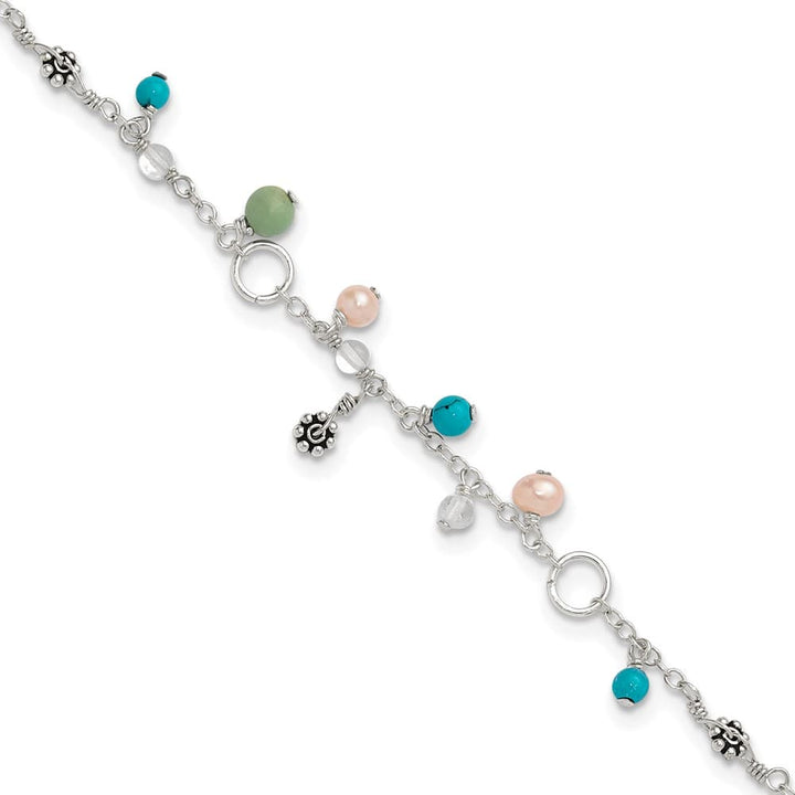 Sterling Silver Turquoise/Clear Bead/Freshwater Cultured Pearl Anklet — .925 sterling silver, 9 inches long, 1 mm wide, spring ring clasp, 2.98 g