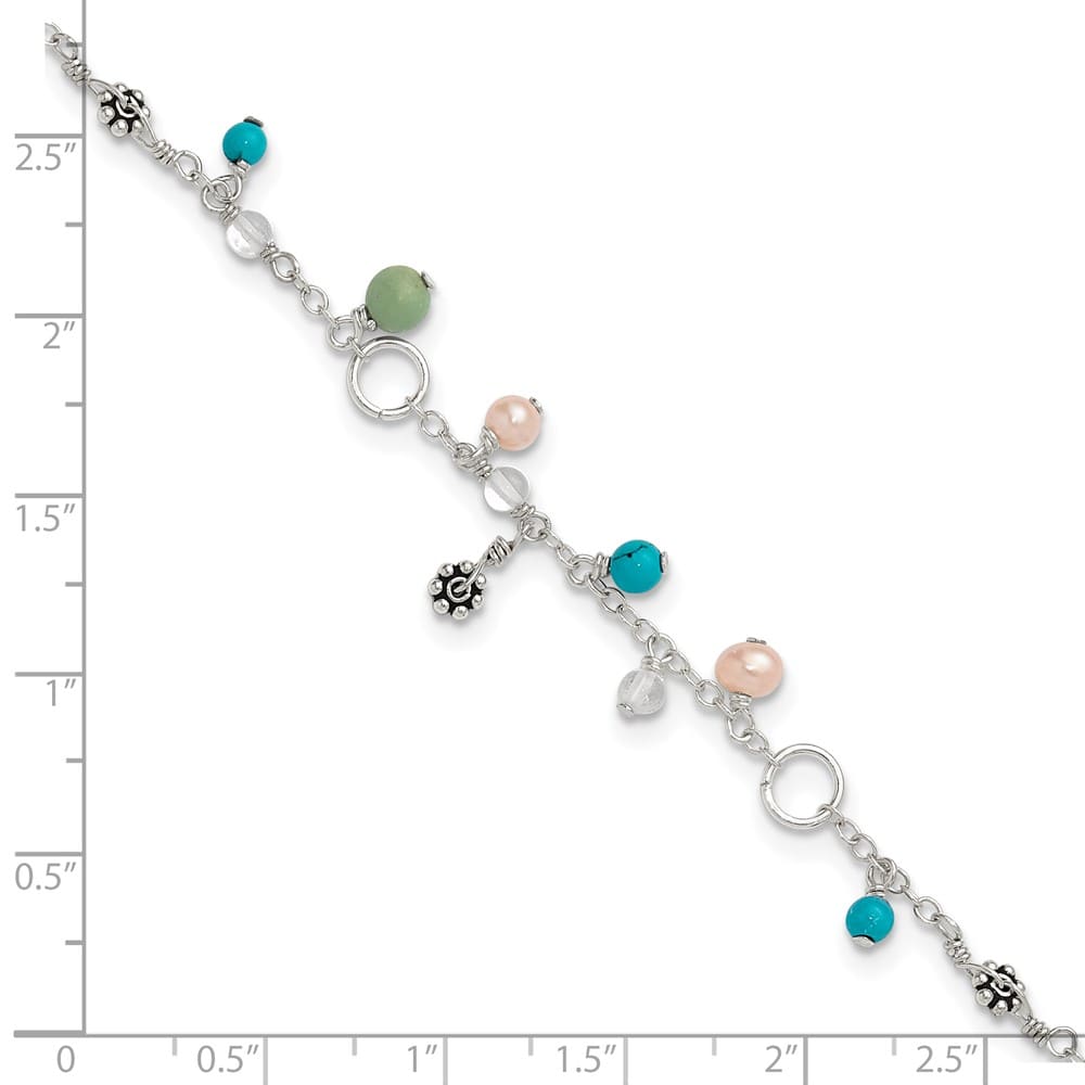 Sterling Silver Turquoise/Clear Bead/Freshwater Cultured Pearl Anklet