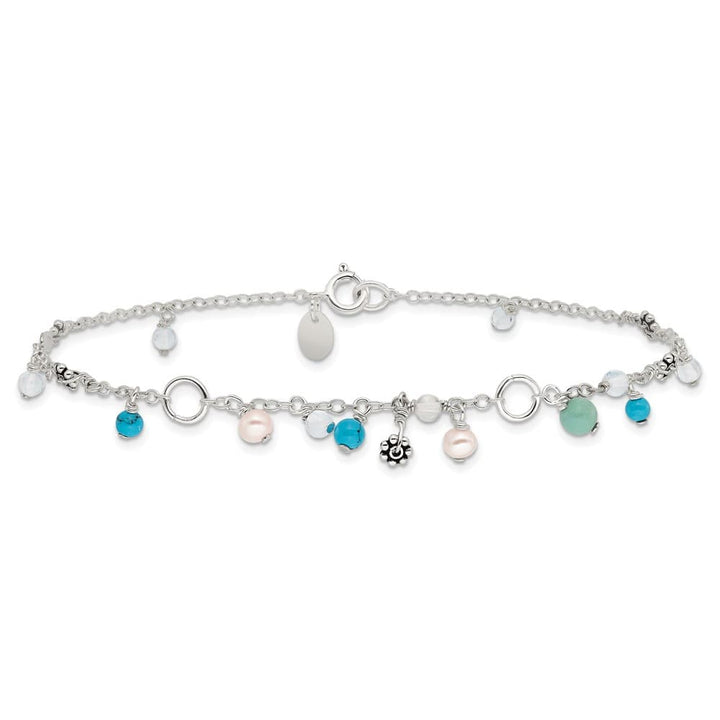 Sterling Silver Turquoise/Clear Bead/Freshwater Cultured Pearl Anklet