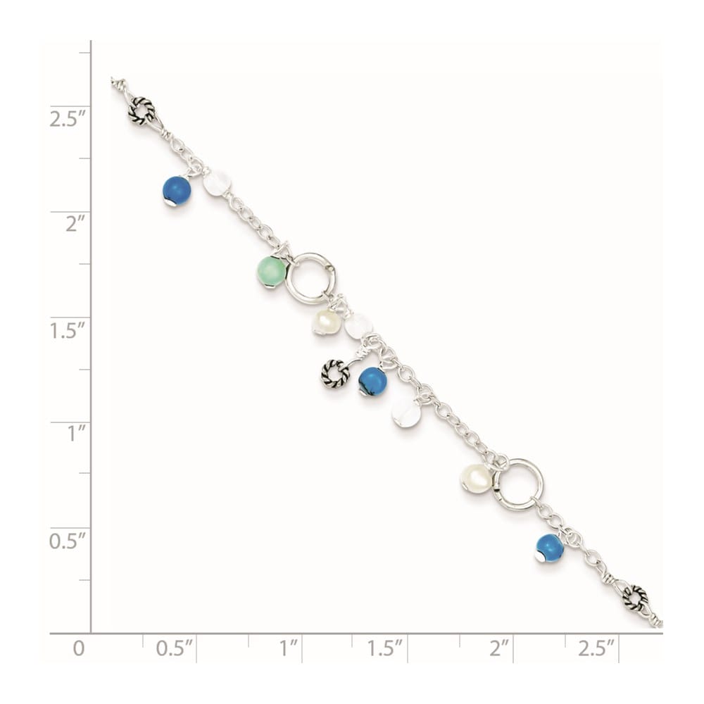 Sterling Silver Turquoise/Clear Bead/Freshwater Cultured Pearl Anklet