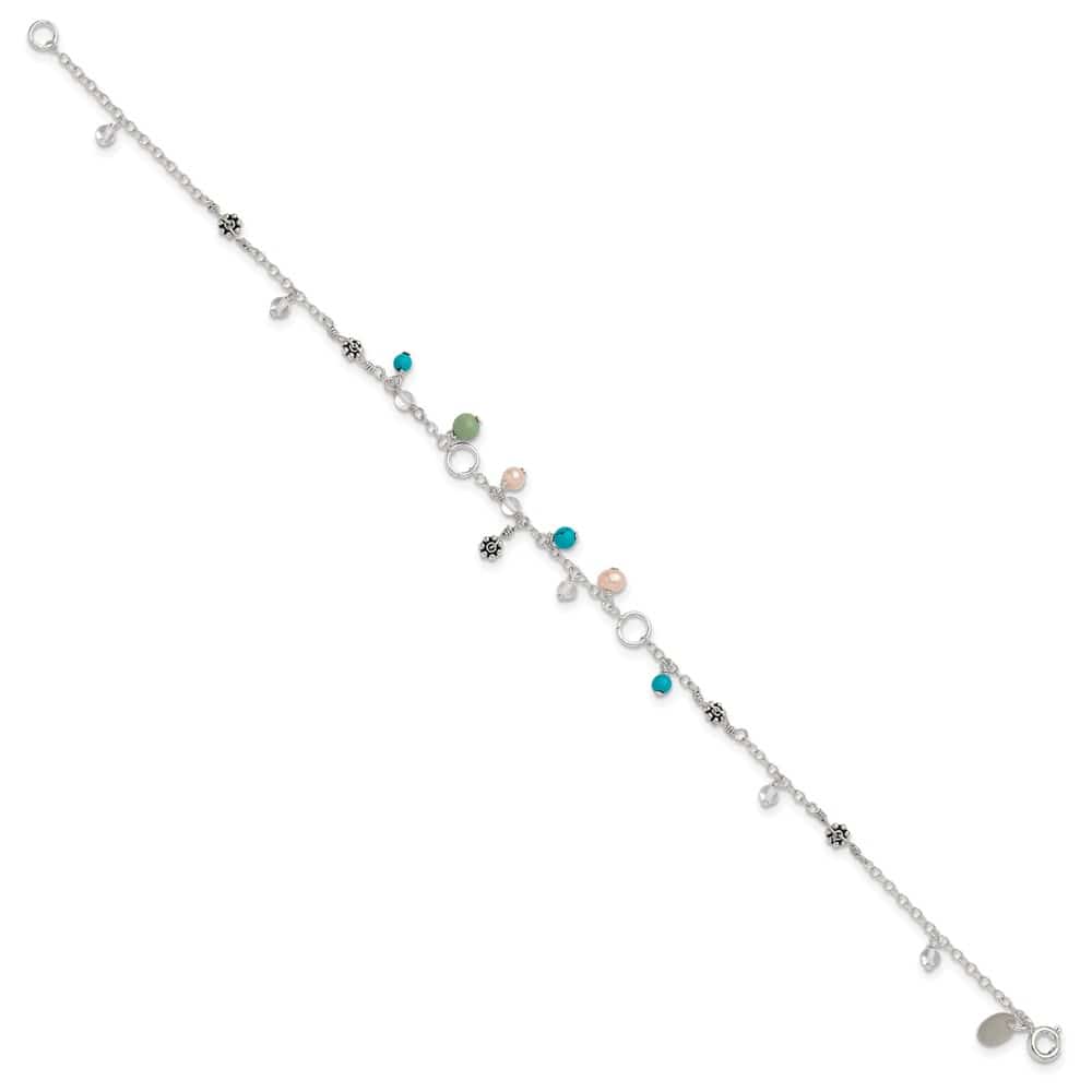 Sterling Silver Turquoise/Clear Bead/Freshwater Cultured Pearl Anklet