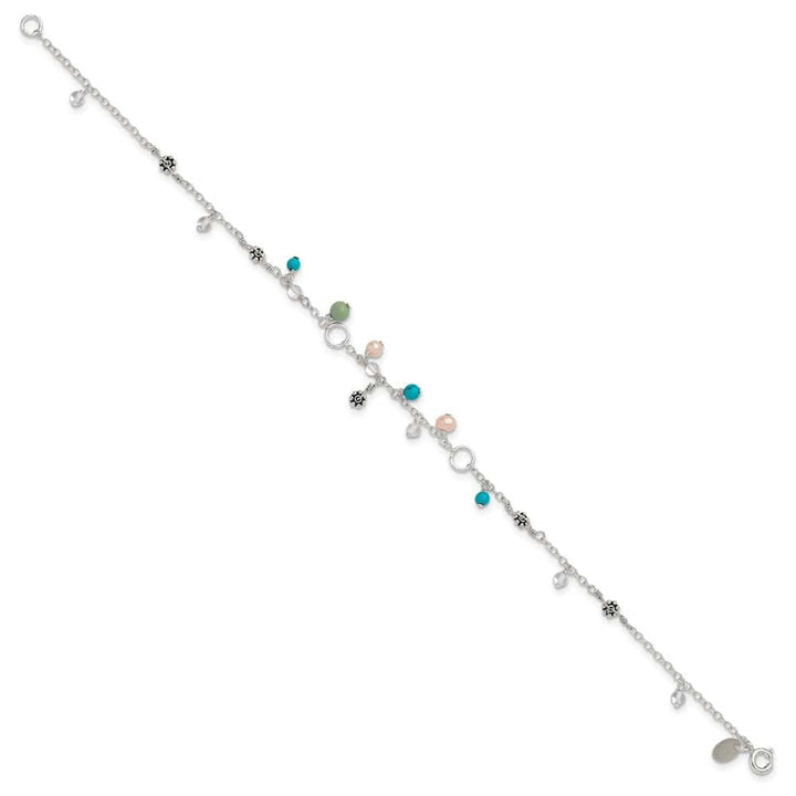 Sterling Silver Turquoise/Clear Bead/Freshwater Cultured Pearl Anklet