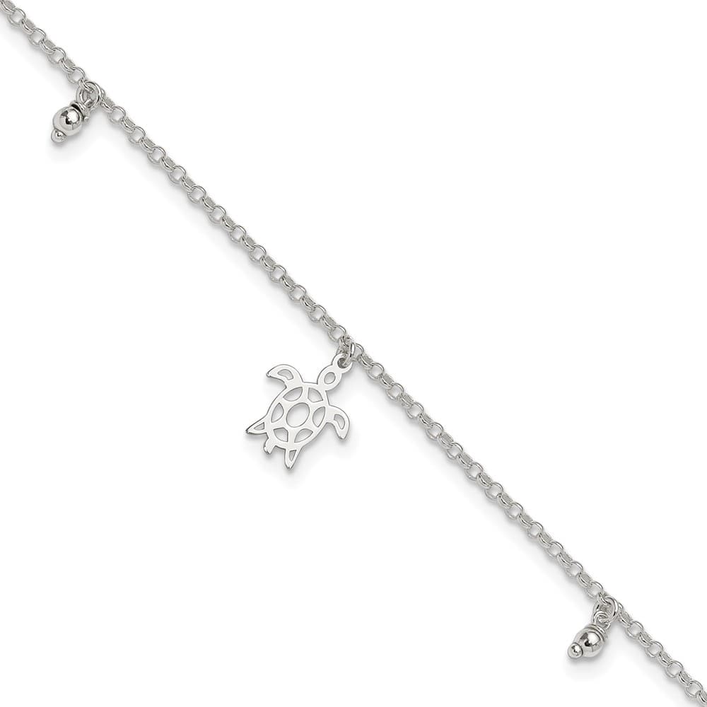Sterling Silver Turtle and Beads Anklet — .925 sterling silver, 10 inches long, 1 inch extension, 1.9 mm wide, spring ring clasp, 2.11 g