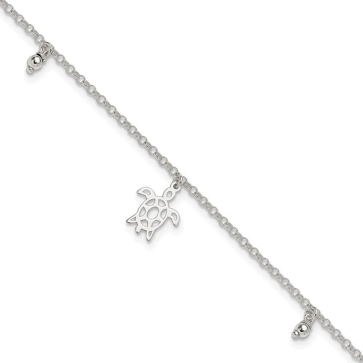 Sterling Silver Turtle and Beads Anklet — .925 sterling silver, 10 inches long, 1 inch extension, 1.9 mm wide, spring ring clasp, 2.11 g