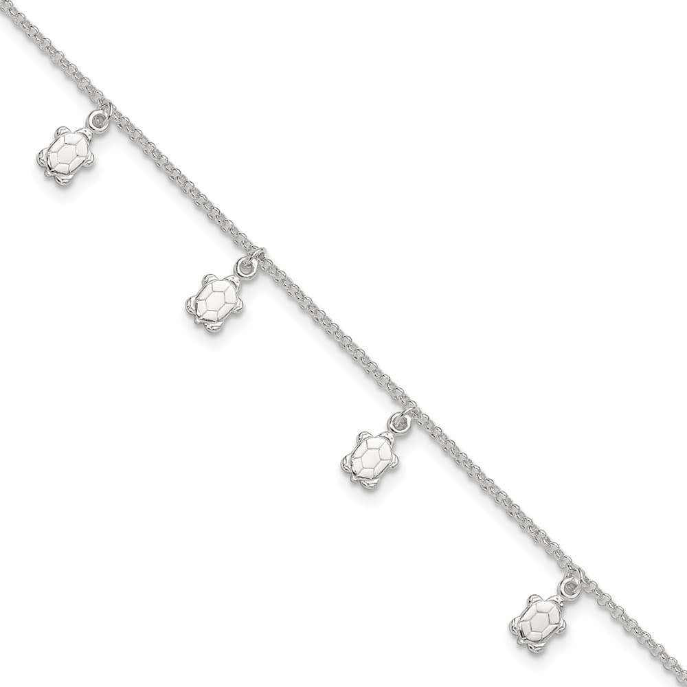 Sterling Silver Turtle Charms Anklet — .925 sterling silver, 10 inches long, 1 inch extension, 2 mm wide, lobster clasp, 3.92 g