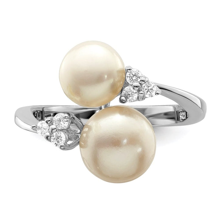 Sterling Silver Two 8-9 mm White Button Cultured Pearls and CZ Ring