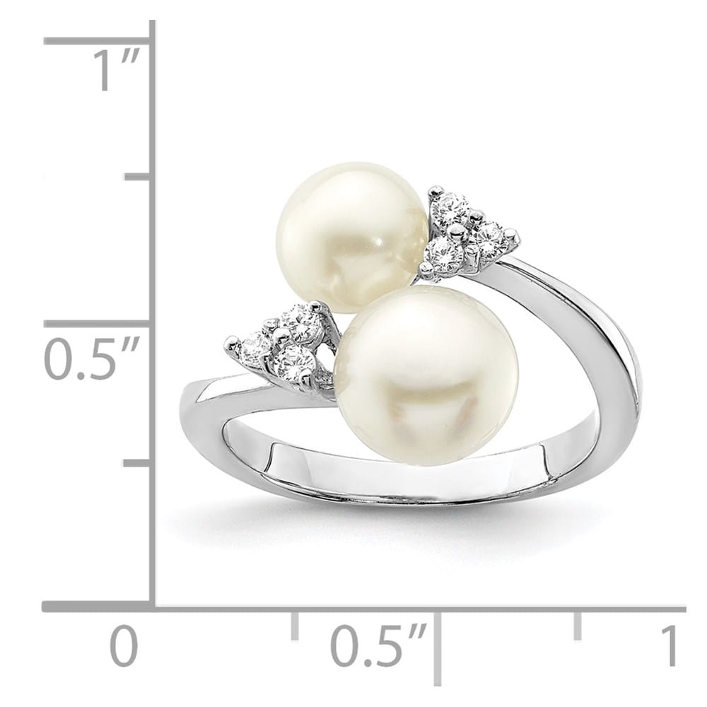 Sterling Silver Two 8-9 mm White Button Cultured Pearls and CZ Ring