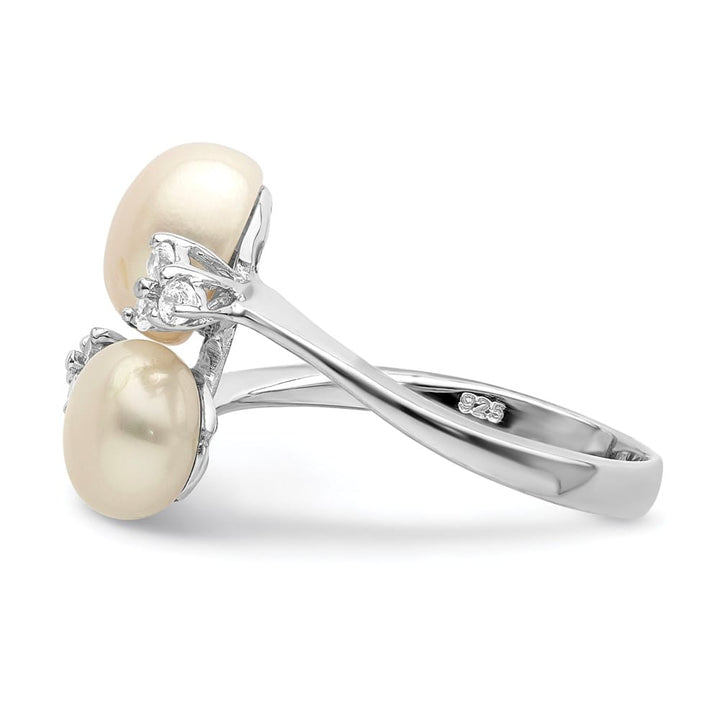 Sterling Silver Two 8-9 mm White Button Cultured Pearls and CZ Ring