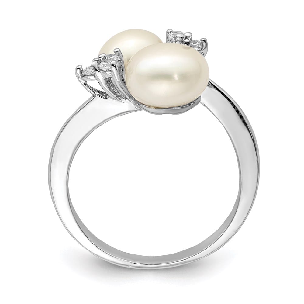 Sterling Silver Two 8-9 mm White Button Cultured Pearls and CZ Ring