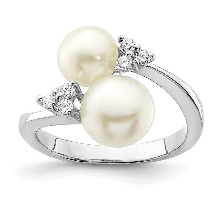 Sterling Silver Two 8-9 mm White Button Cultured Pearls and CZ Ring