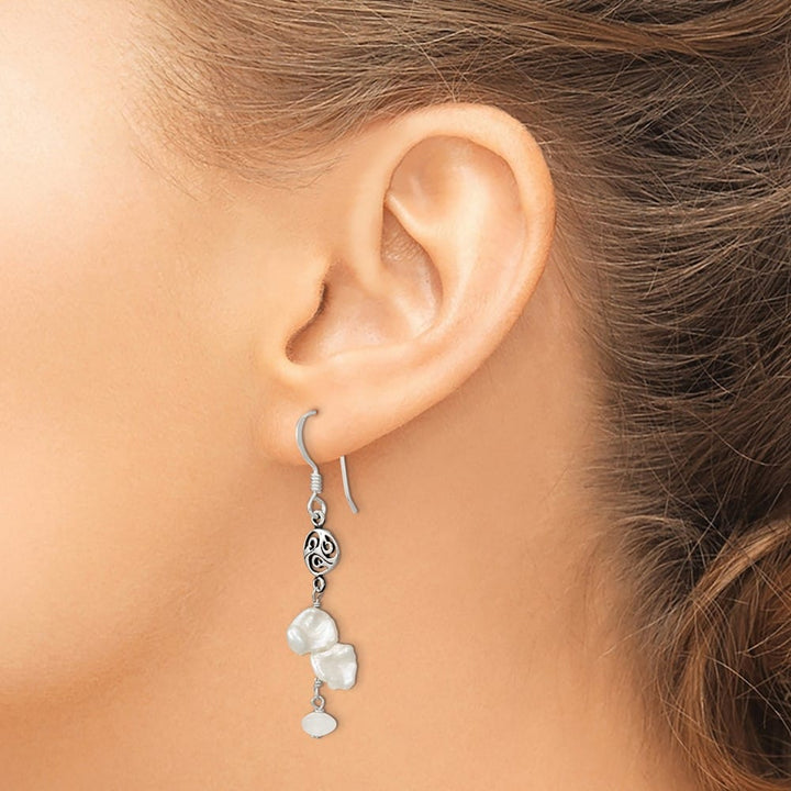Sterling Silver White 5-9mm Baroque Pearl Moonstone Dangle Earrings, view 3 of 4