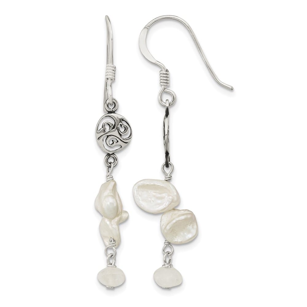 Sterling Silver White 5-9mm Baroque Pearl Moonstone Dangle Earrings, view 1 of 4
