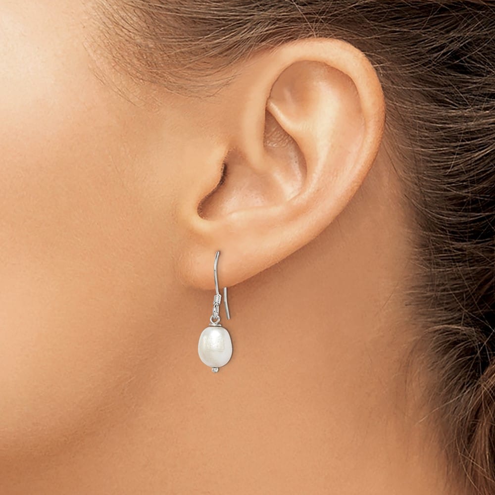 Sterling Silver White 7-8mm Freshwater Cultured Pearl Dangle Earrings, view 3 of 4
