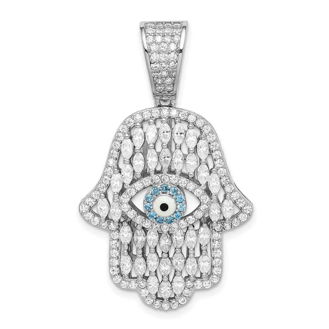 Sterling Silver White and Blue CZ Hamsa Eye Pendant