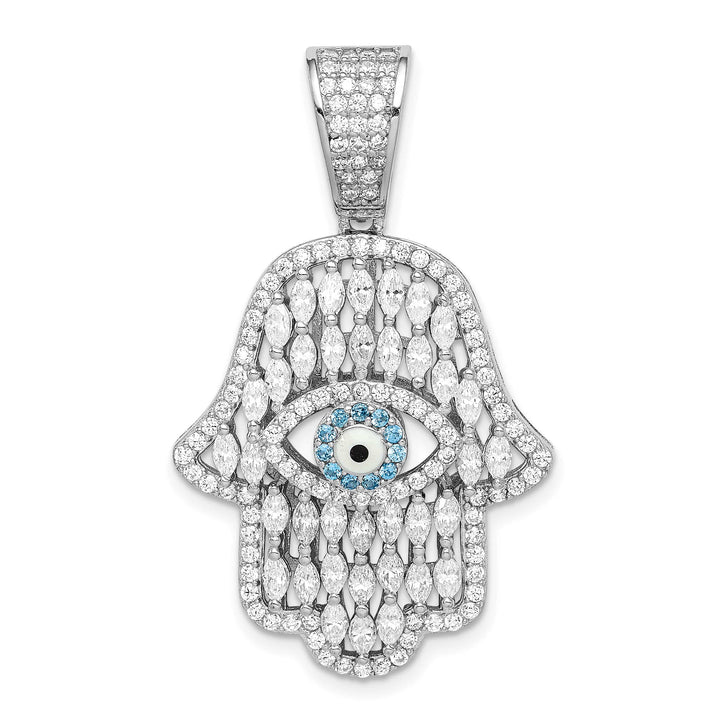Sterling Silver White and Blue CZ Hamsa Eye Pendant