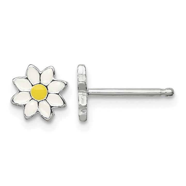 Sterling Silver White and Yellow Enameled Flower Petite Post Earrings