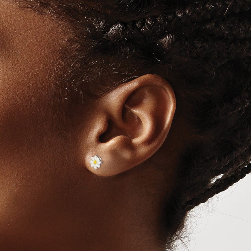 Sterling Silver White and Yellow Enameled Flower Petite Post Earrings