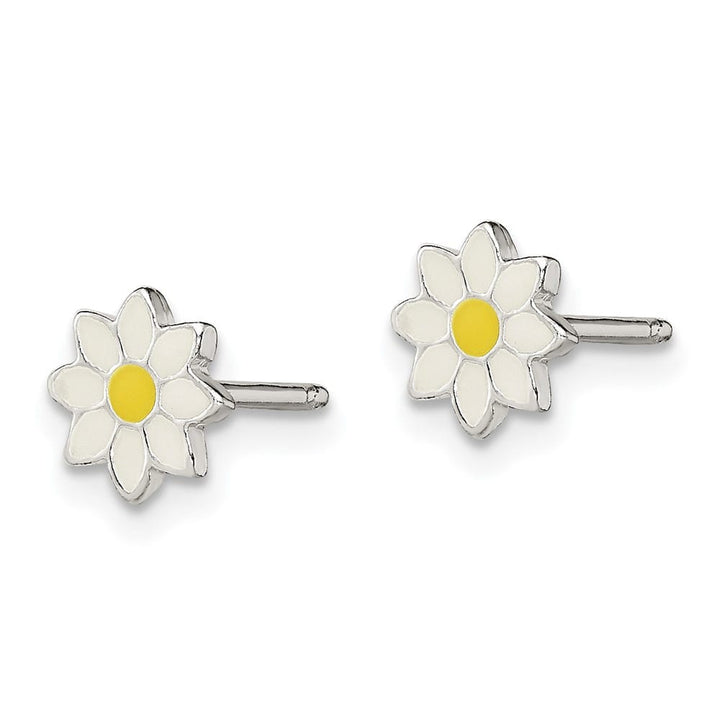 Sterling Silver White and Yellow Enameled Flower Petite Post Earrings