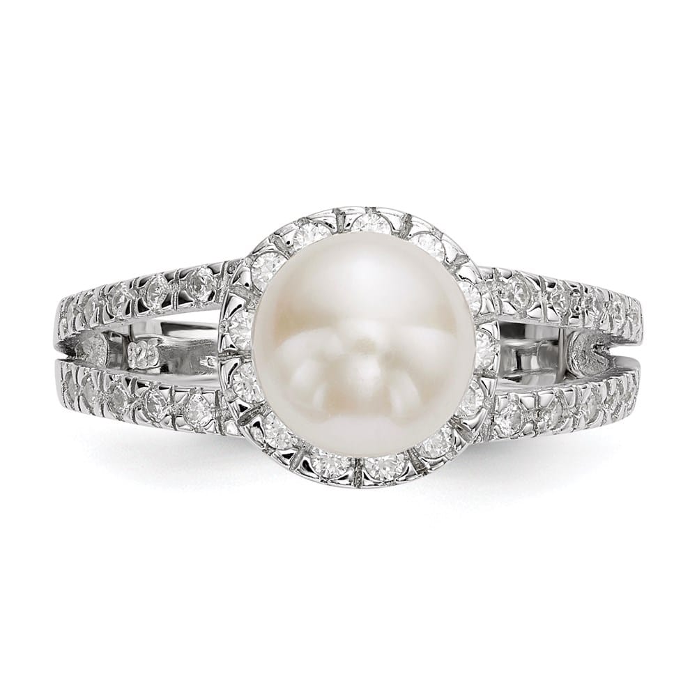 Sterling Silver White Button Cultured Pearl and CZ 7-8 mm Ring