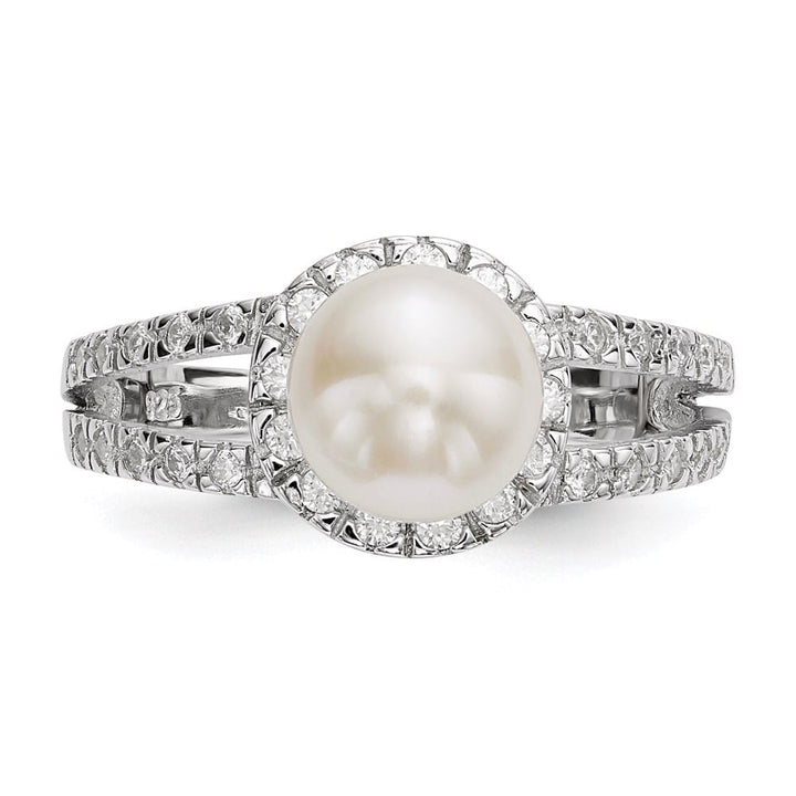Sterling Silver White Button Cultured Pearl and CZ 7-8 mm Ring