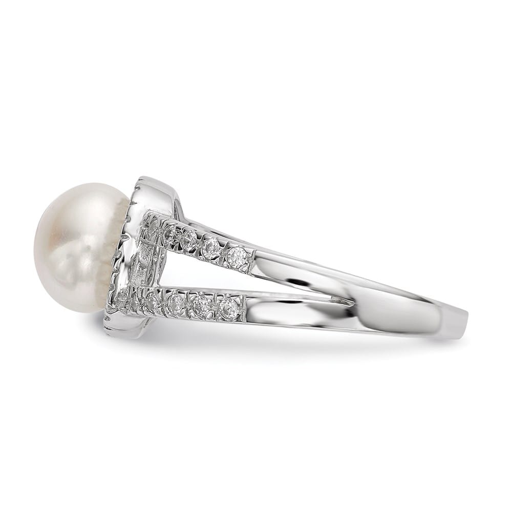 Sterling Silver White Button Cultured Pearl and CZ 7-8 mm Ring