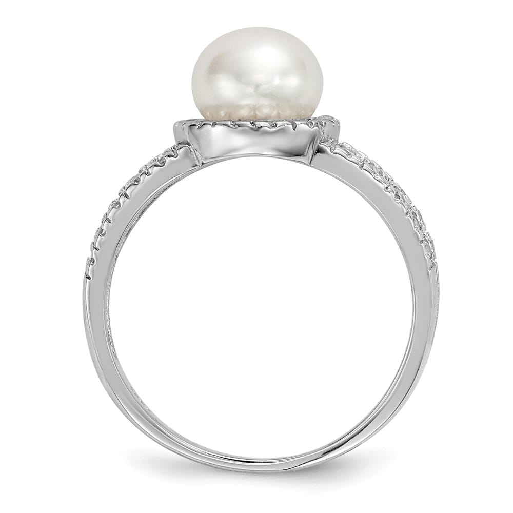 Sterling Silver White Button Cultured Pearl and CZ 7-8 mm Ring