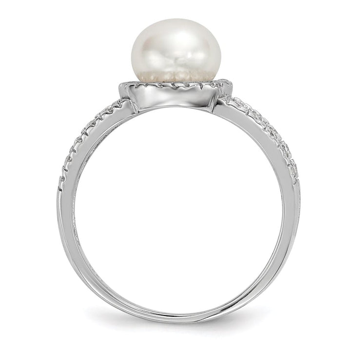 Sterling Silver White Button Cultured Pearl and CZ 7-8 mm Ring